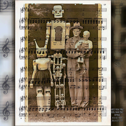 Fancy Robot Family - Victorian Gothic Art on Vintage Dictionary Page - ArtCursor